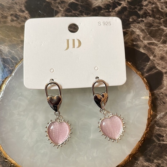 Pink Heart Silver Drop Earrings - Picture 12 of 14